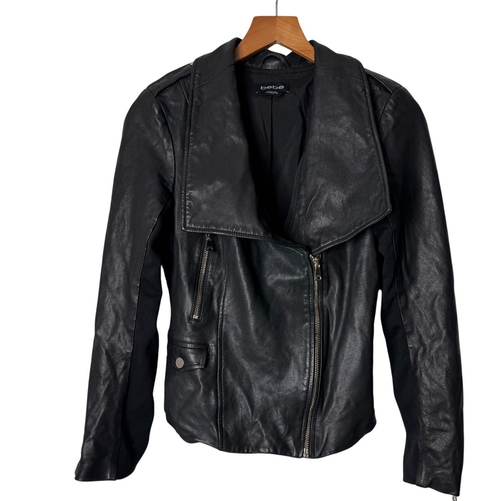 Bebe Black Lamb Leather Moto Jacket Womens XS Asymmetrical Zip Wide Collar